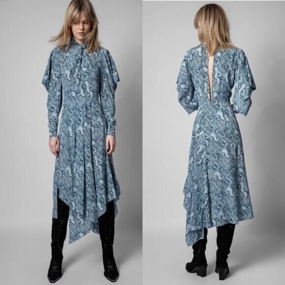 Zadig & Voltaire Roy Asymmetric Snake Print Silk Dress in Bleu - Picture 2 of 12